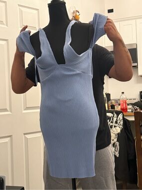 Zara Light Blue Ribbed Asymmetrical Bodycon Dress